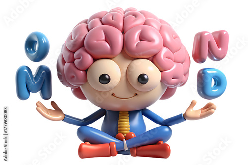 Cartoon character with a brain for hair sitting in a meditative pose with the word mind around it on transparent background
