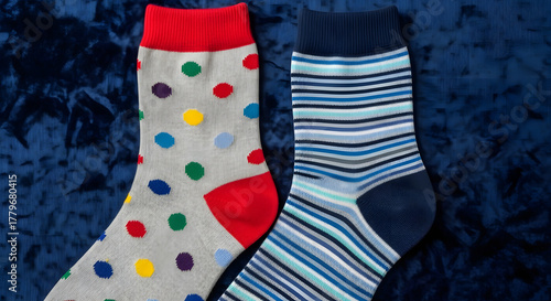 Sock Pairing: A colorful duo of socks, one adorned with playful polka dots, the other with chic stripes, harmoniously displayed against a velvety background.