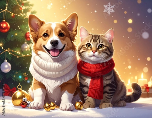 cat and dog celebrate christmas 