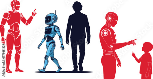 Human and robot silhouettes interacting with futuristic technology and artificial intelligence