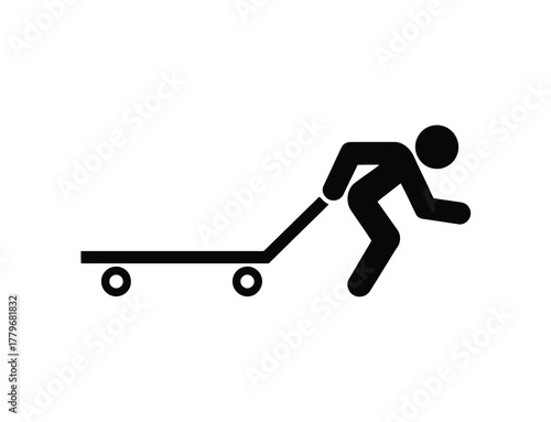 Black Pictogram of Person Pushing Hand Truck Cart on White Minimalist Background