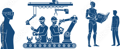 People and robots in a factory setting with VR headsets and automated machinery human industry