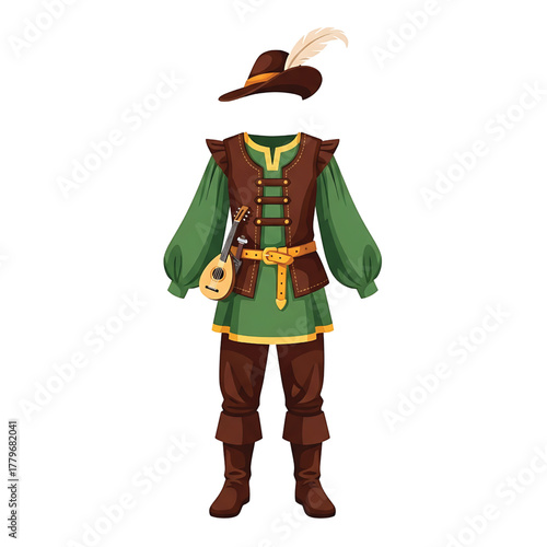 Medieval fantasy ranger costume with green tunic, brown vest, hat, and lute, isolated on white background