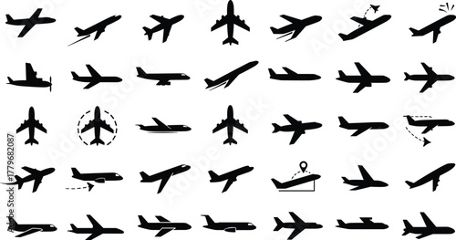 Collection of airplane silhouette icons in various flying positions, aircraft travel symbols for aviation, airport, flight route, transportation and tourism vector design set