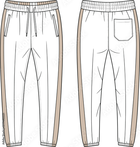 Jogger pants flat sketch, elastic waistband, drawstring, side panels, tapered fit, technical fashion template, apparel design vector, clothing illustration