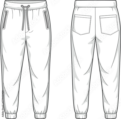 Men’s jogger pants technical flat sketch, fashion apparel vector drawing with drawstring waistband, zip pockets, ribbed cuffs, stylish casual athletic garment design