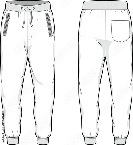 Men’s jogger pants technical flat sketch, fashion apparel vector drawing with drawstring waistband, zip pockets, elastic cuffs, casual athletic garment design