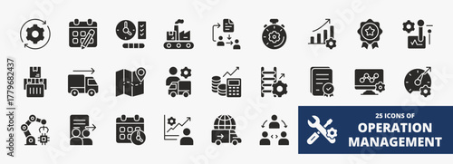 set of A collection of operation management icons suitable for web and mobile application. Set of glyph style icons with process, planning, control, distribution, logistics, and more icons.