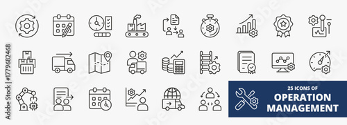 set of A collection of operation management icons suitable for web and mobile application. Set of outline style icons with process, planning, control, distribution, logistics, and more icons.