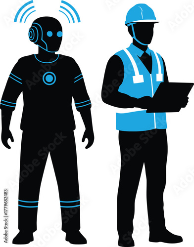 Robot and Construction Worker with Tablet and Wireless Signals human engineer