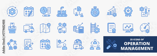set of A collection of operation management icons suitable for web and mobile application. Set of outline blue style icons with process, planning, control, distribution, logistics, and more icons.