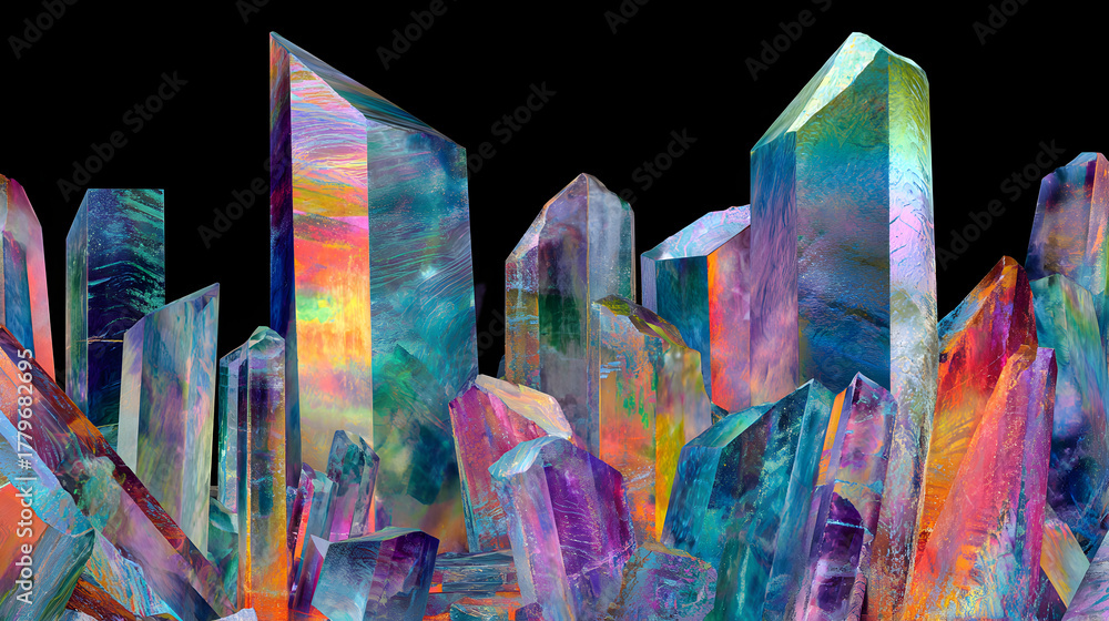 Naklejka premium Discover a vibrant world of colorful crystal formations shimmering against a dark backdrop, perfect for adding a touch of modern elegance and wonder to your projects