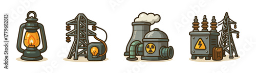 Power station cartoon icons ,energy, electricity, industrial, nuclear, technology