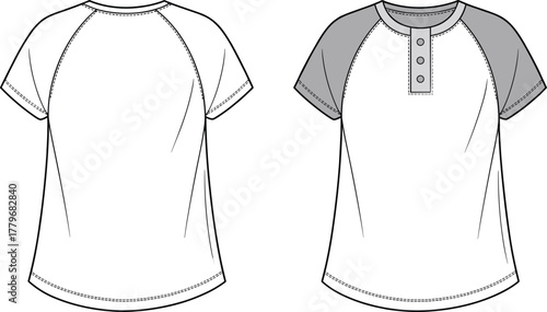 Short sleeve raglan t shirt flat sketch, curved hem, button placket, contrast sleeves, technical fashion drawing, apparel design template