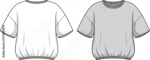 Short sleeve t shirt, gathered hem design, loose fit silhouette, technical fashion sketch, apparel flat drawing, garment template, clothing illustration, vector outline