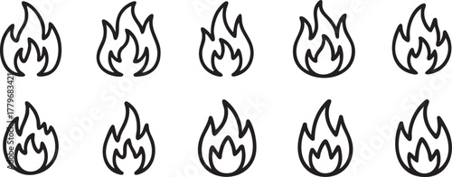 fire flat line icons, flames, flame of various shapes, bonfire vector illustratio
