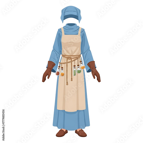 A historical costume of a medieval woman, possibly a healer or cook, isolated on white background