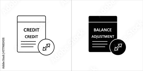 Credit balance adjustment icon, showing a document and a circular arrow, in outline and solid black