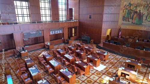 A distinguished interior view of Senate in the Oregon State Capitol in Salem