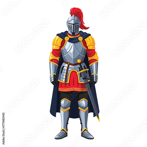 A medieval knight in full armor with a red plume on his helmet, standing isolated on white background