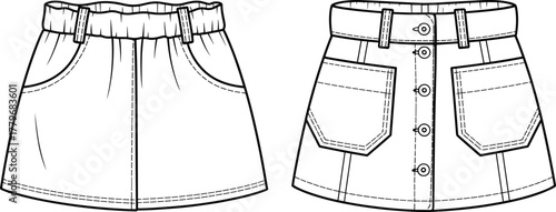 Women’s skirt technical flat sketch, fashion apparel vector drawing, A‑line silhouette with pockets, waistband, button closure, stylish garment design illustration