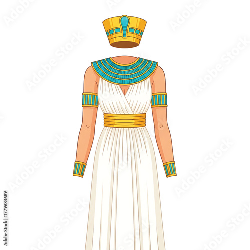 An ancient egyptian queens attire, including a crown and ornate jewelry, isolated on white background