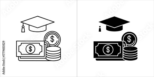 Education finance icon with graduation cap, money, and coins
