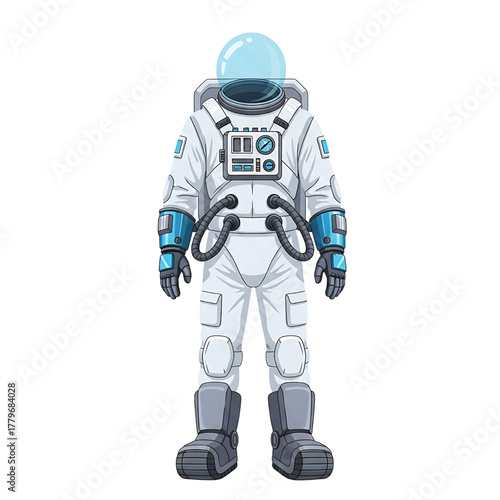 Astronaut in white spacesuit with blue helmet and details isolated on white background