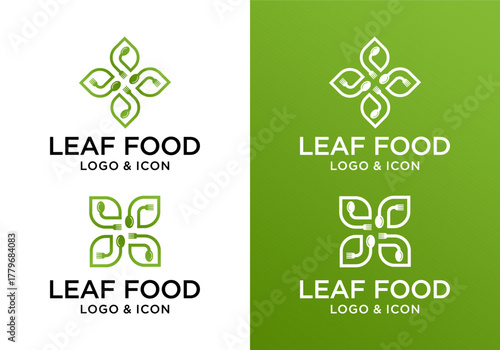 Vector logo icon design for spoon, fork, and leaf. Healthy food logo symbol