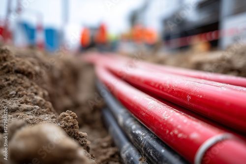 A red and black electrical cable is laying on the ground