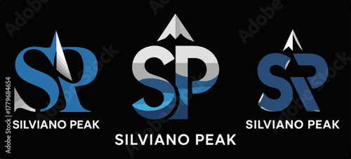 Silviano Peak SP monogram logos with mountain summit motif, three modern blue gradients on black; outdoor adventure lettermark branding vector set