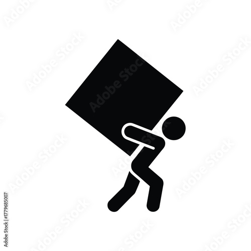 Simple Icon of Person Carrying Heavy Box or Package in Black Silhouette