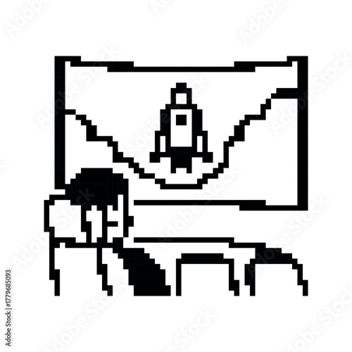 Pixelated rendering of a woman's portrait on a gallery stand