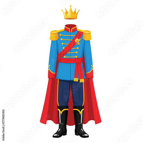 Prince costume with crown, red cape, and blue military jacket, isolated on white background