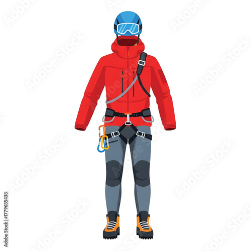 Mountaineer outfit with red jacket, grey pants, helmet, goggles, and climbing gear, isolated on white background