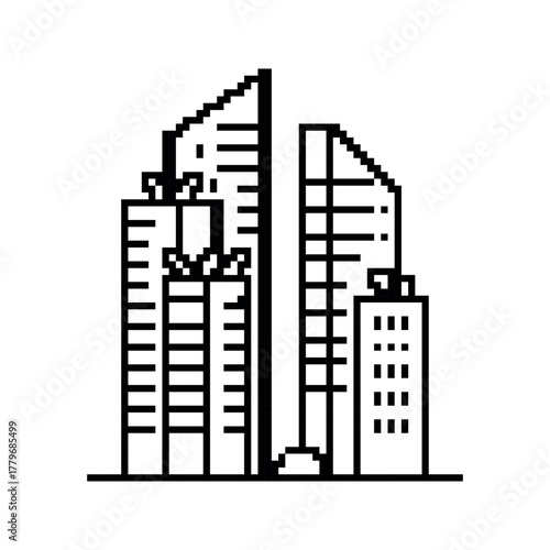 Pixelated City Skyline Design with Skyscrapers and Simple Black and White Graphics