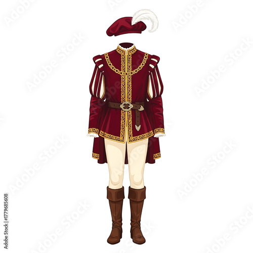 Medieval fantasy ranger costume with green tunic, brown vest, hat, and lute, isolated on white background