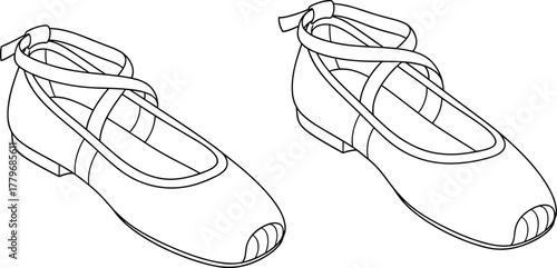 Ballet flats, women shoes, CAD drawing, technical sketch, fashion footwear, vector template, stylish flat shoes, product design, dance shoes, side view