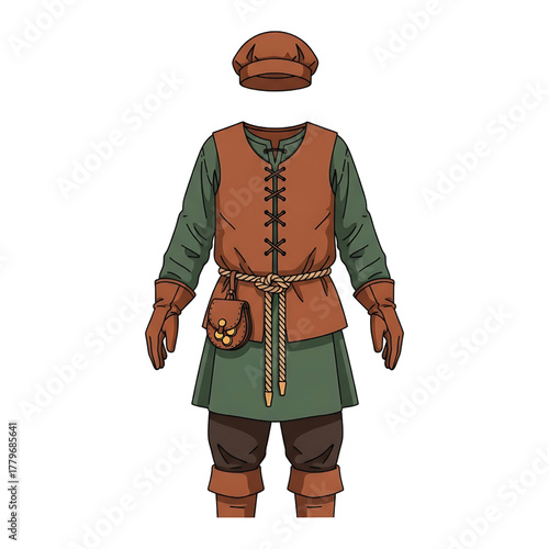 Medieval peasant costume with cap, vest, pouch, and gloves, isolated on white background