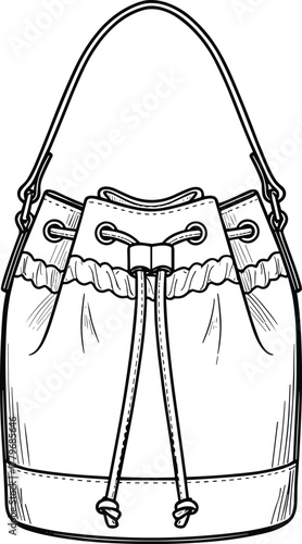 Bucket handbag, fashion accessory sketch, CAD drawing, flat vector illustration, drawstring closure, product design, leather bag template, stylish purse outline, handbag mockup, fashion CAD