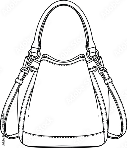 Bucket handbag, fashion accessory sketch, CAD drawing, flat vector illustration, drawstring closure, shoulder strap, leather bag template, stylish purse outline, handbag mockup, fashion CAD