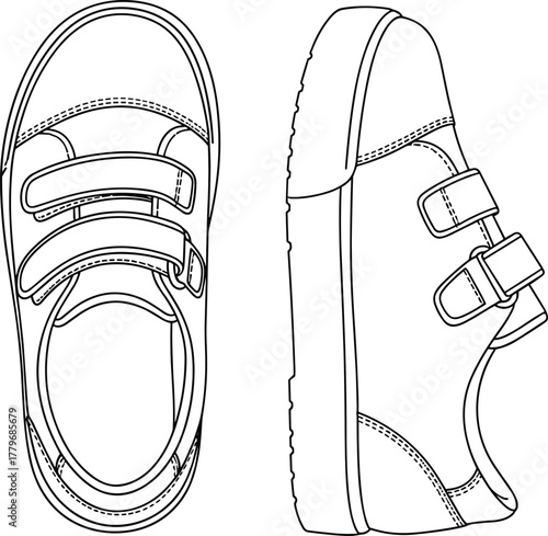 Children shoes footwear design, kids sneakers with velcro straps, black and white line art, cad drawing flat vector illustration