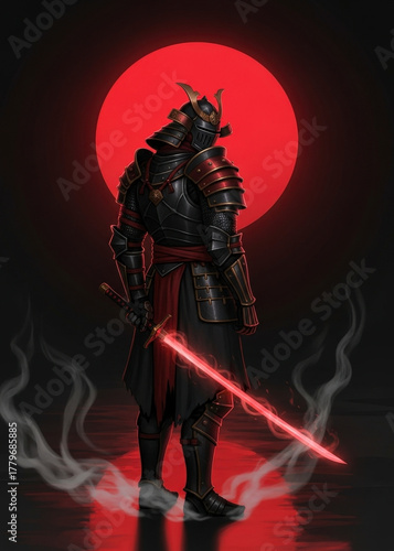 a samurai stands in front of a red sun with a glowing red sword action figure adult concept adult fa