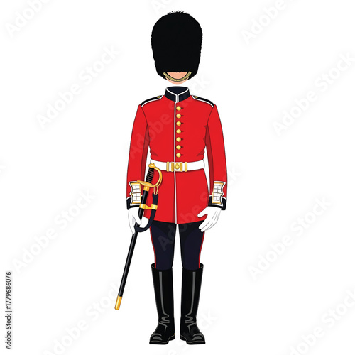 A british royal guard in a red uniform with a black bearskin hat, isolated on white background