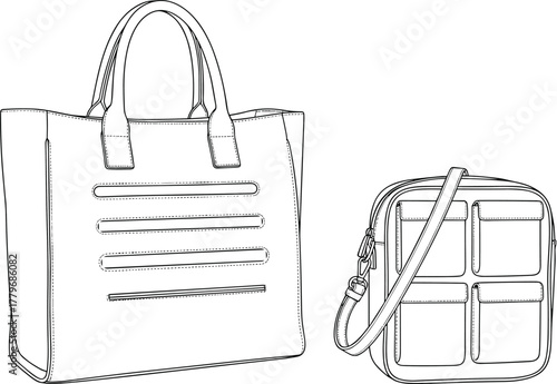 Tote bag, crossbody handbag, CAD drawing, flat vector illustration, fashion accessory sketch, structured design, leather purse template, stylish bag outline, product mockup, fashion CAD