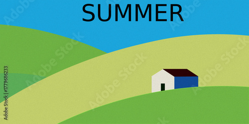 minimalist summer landscape illustration with rolling green hills and cottage flat design style illustration background.