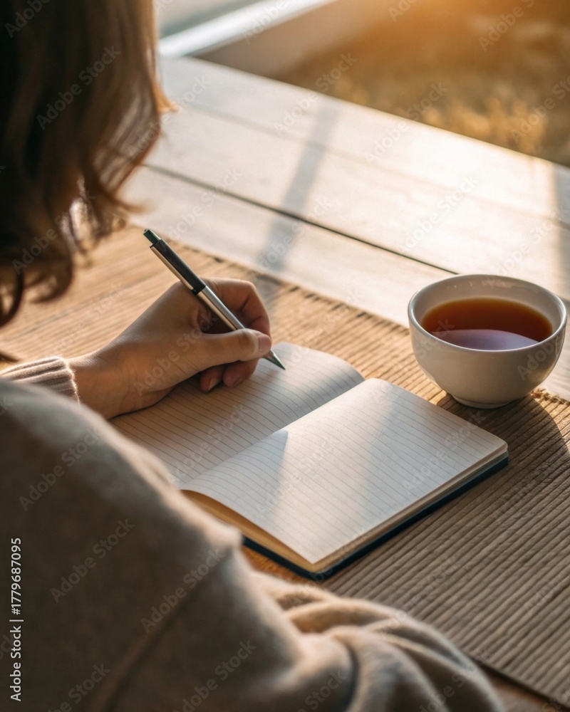 Obraz premium Journaling morning routine cozy home lifestyle image sunlit environment over-the-shoulder view reflection and mindfulness