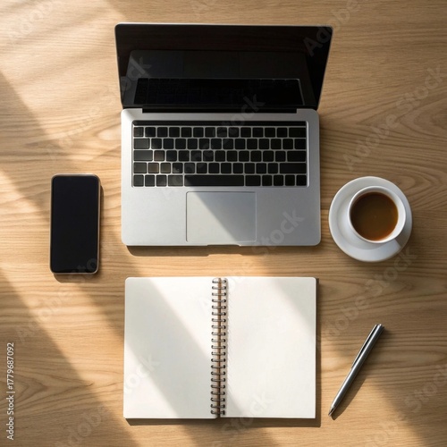 Overhead shot of minimalist workspace with laptop phone coffee on wooden desk soft natural light