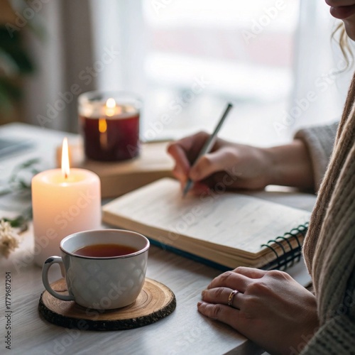Journaling reflection cozy home office personal growth content soft focus environment inspirational viewpoint