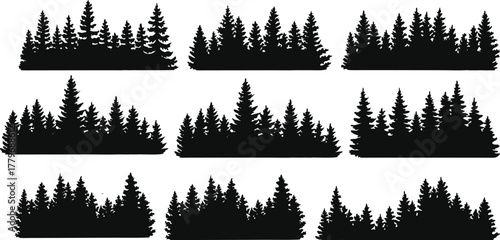 Collection of black pine tree forest silhouettes on white background,  wilderness and nature. Perfect for outdoor designs, adventure branding, and camping graphics. Minimal vector 